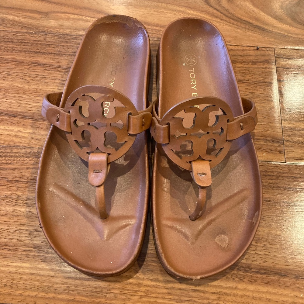 Women’s Tory Burch Miller Cloud Leather Slip-on Sandals Solid Brown Size 7